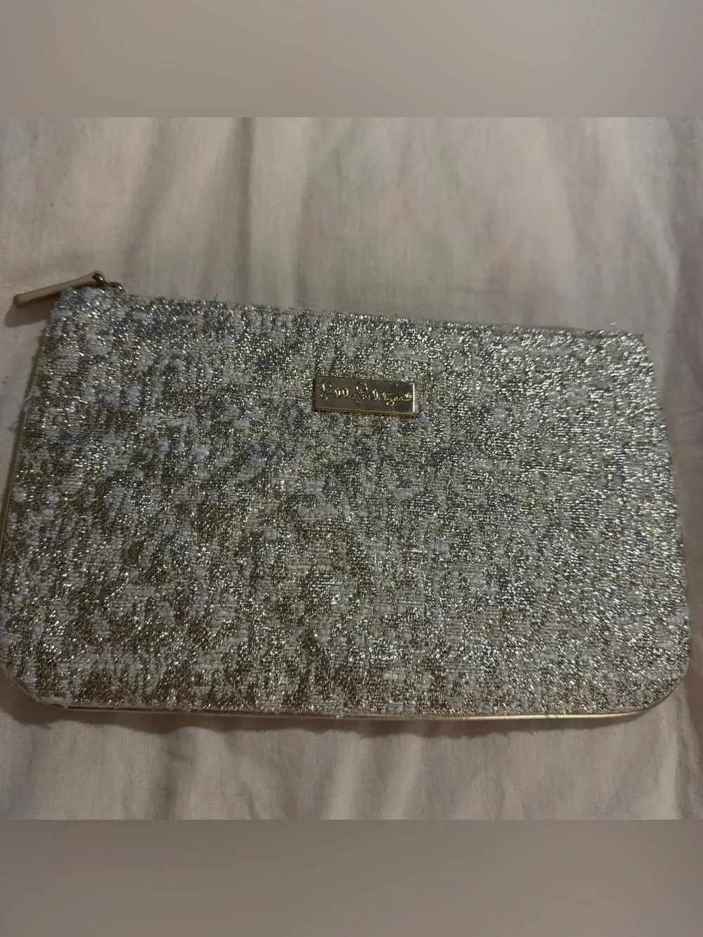 Lilly Pulitzer Metallic Silver & Gold Shimmer Cosmetic Pouch Zip Clutch
